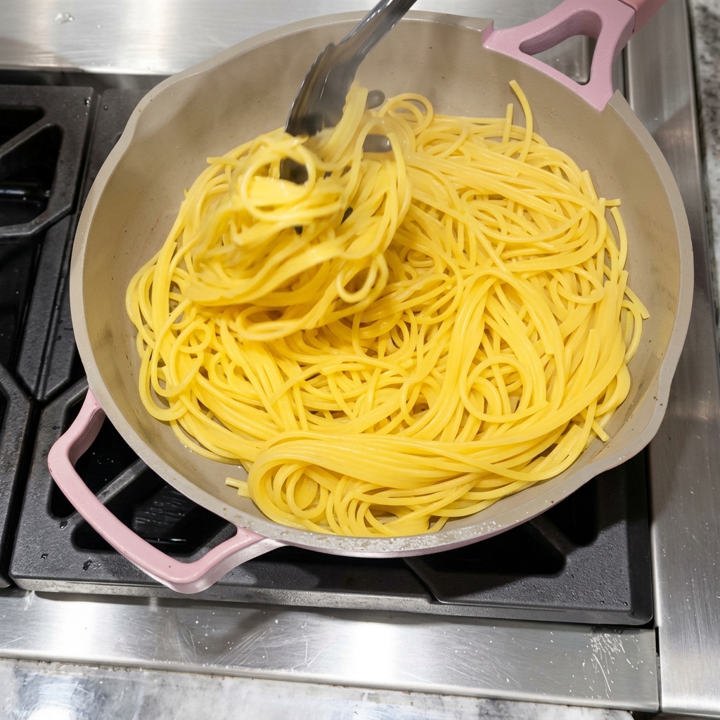Spaghetti et morceaux de bacon mélangés dans une grande poêle antiadhésive.