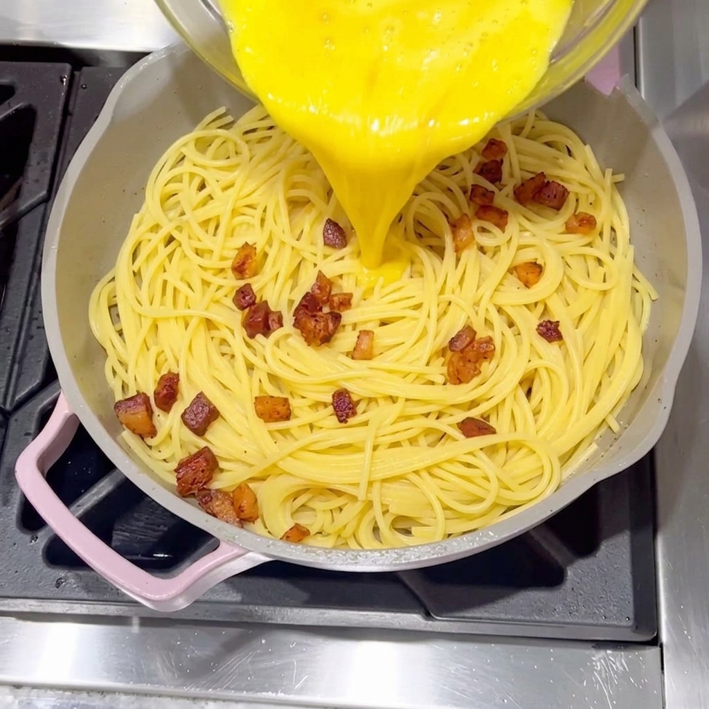 Sauce jaune crémeuse versée sur les spaghetti dans la poêle.