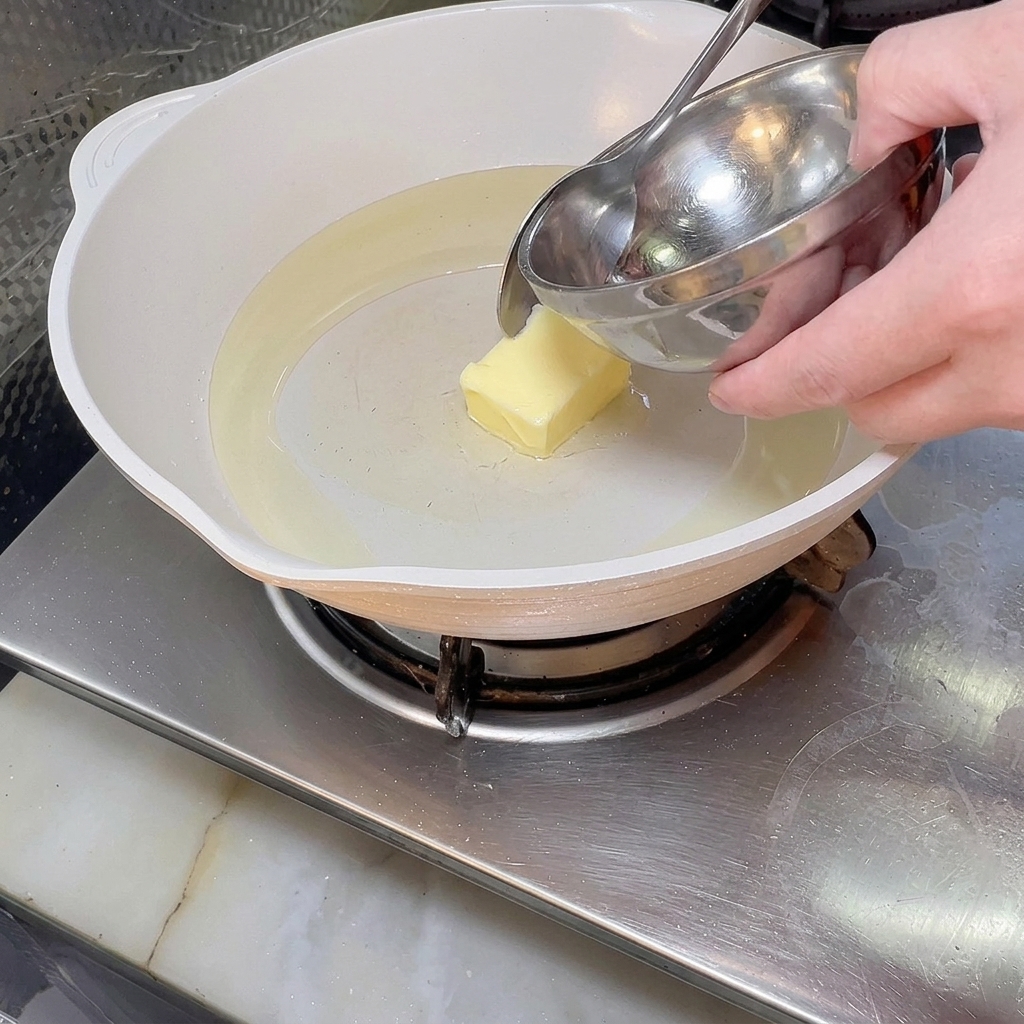 Une noisette de beurre fondant dans un peu dhuile chaude dans une poêle blanche propre.