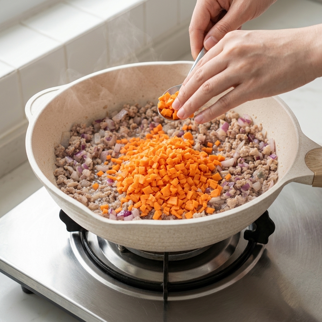 Carottes en dés ajoutées dans une poêle contenant la viande et les oignons dorés.