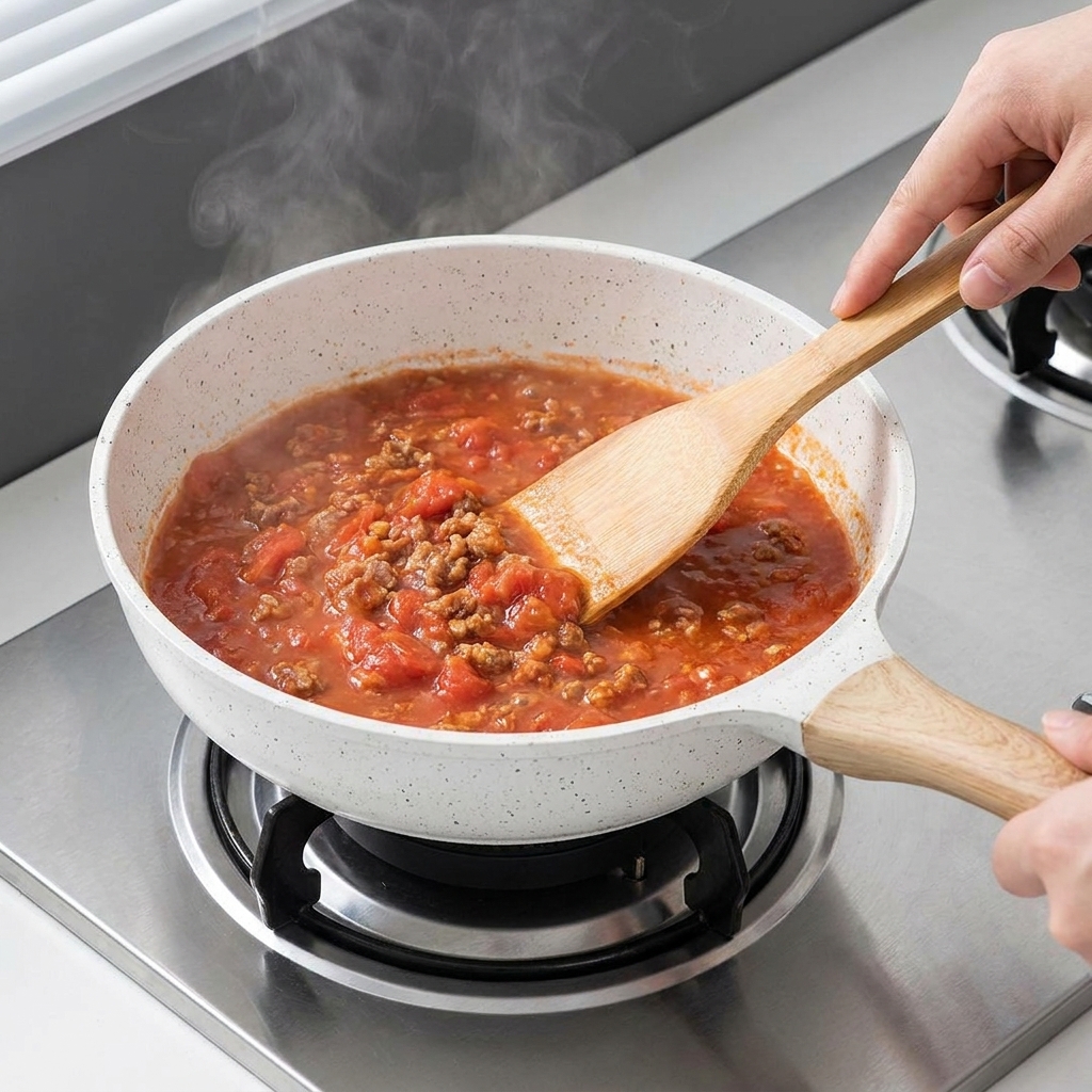 Concentré de tomate versé depuis un tube dans une poêle avec de la viande et des légumes sautés.