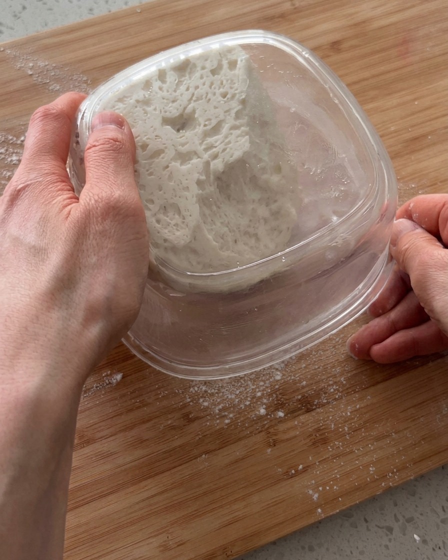 Pâte à pizza pressée et trouée à la main sur une planche à découper en bois.