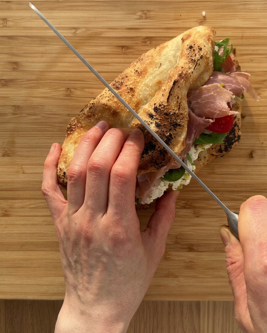 Couteau à dents coupant le sandwich assemblé en deux sur une planche en bois.