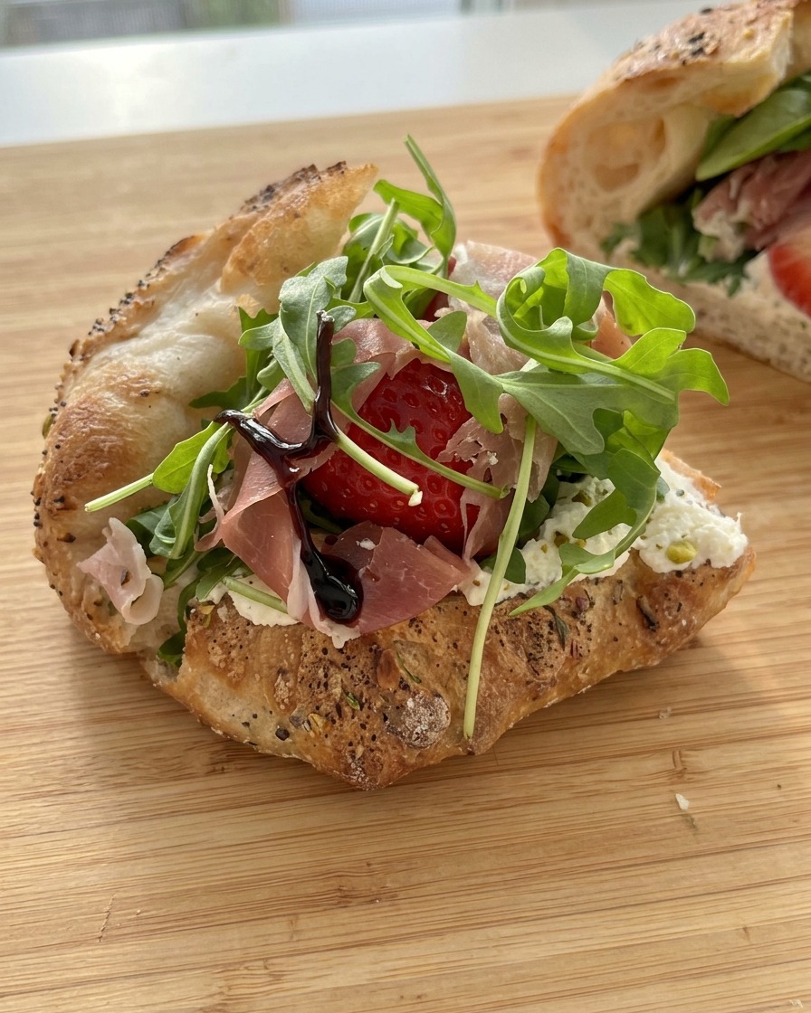 Crème balsamique sombre versée sur un sandwich frais garni de prosciutto, fraises et roquette.