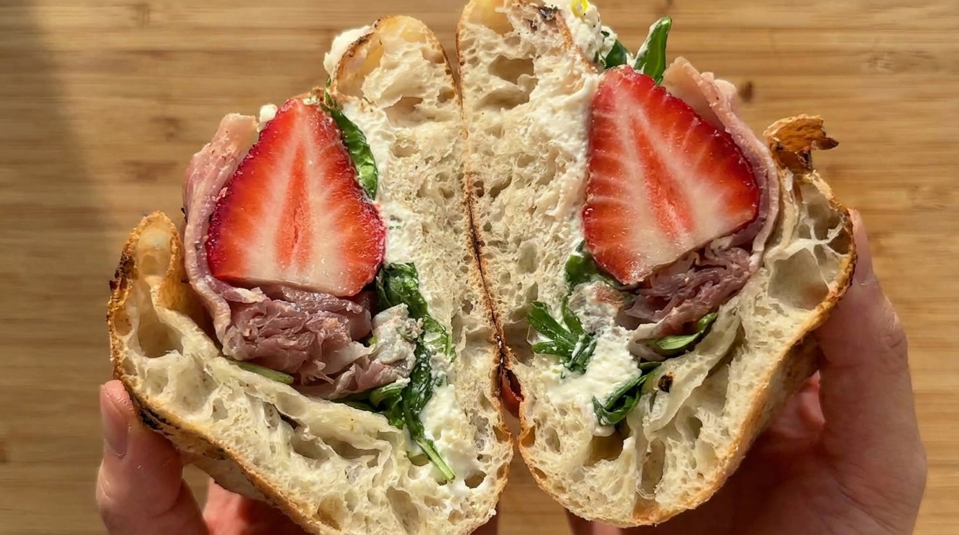 Sandwich de Pain Pizza au Prosciutto, Ricotta et Fraises