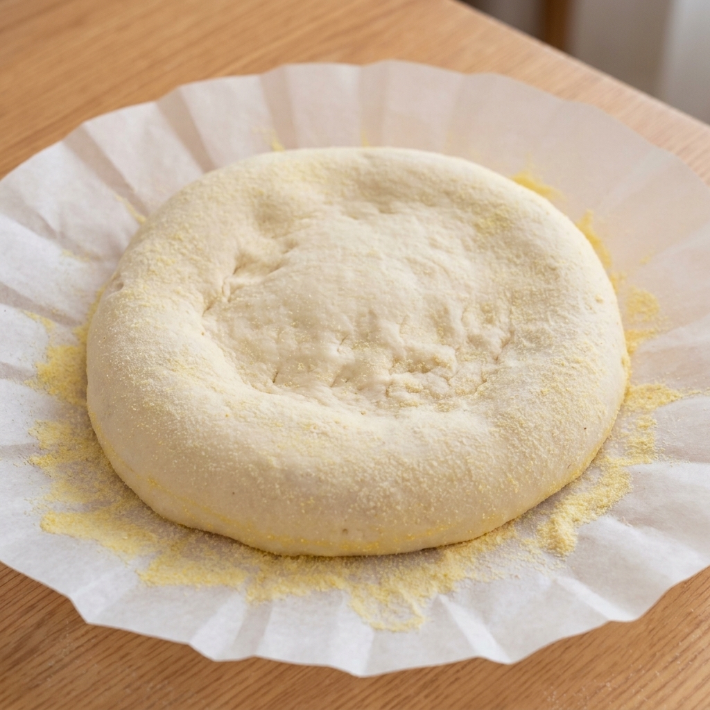 La pâte étirée en cercle sur les poings.