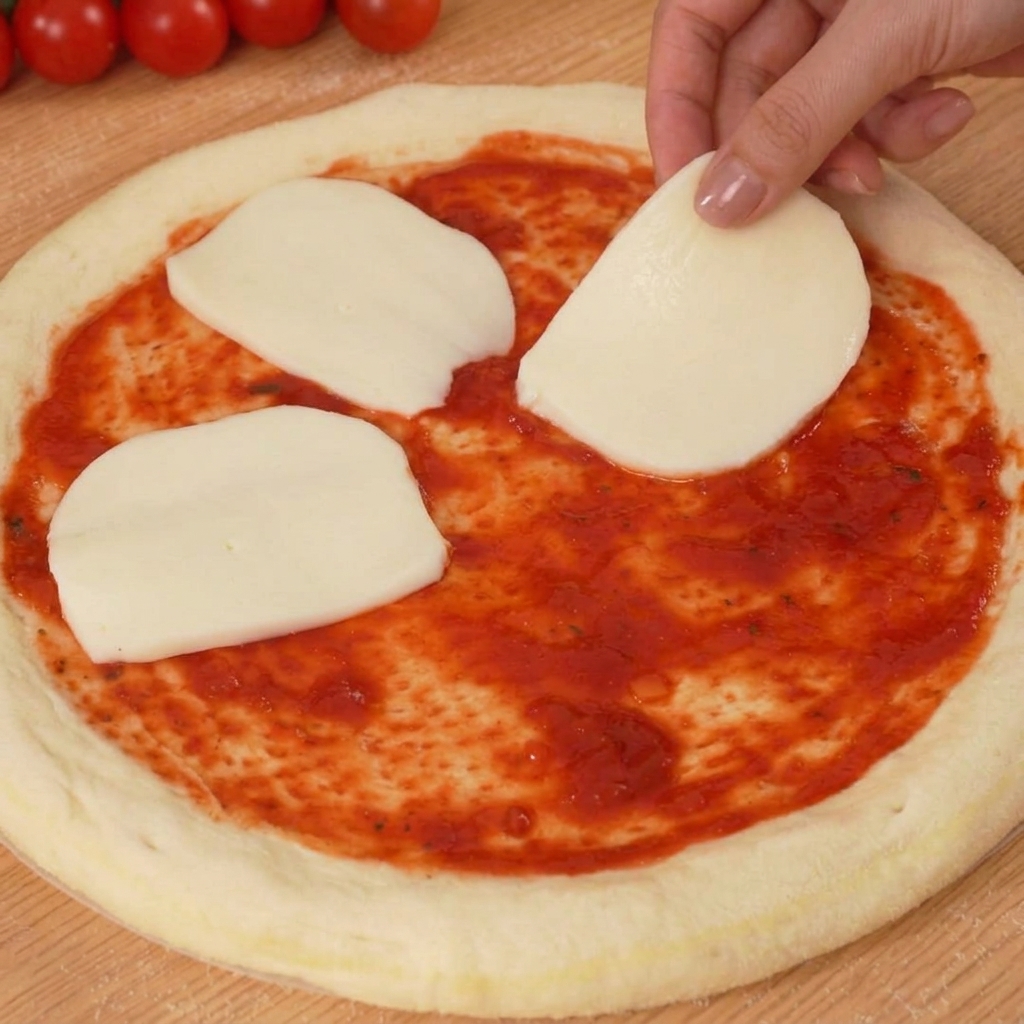 Pizza garnie de mozzarella et de tomates cerises.