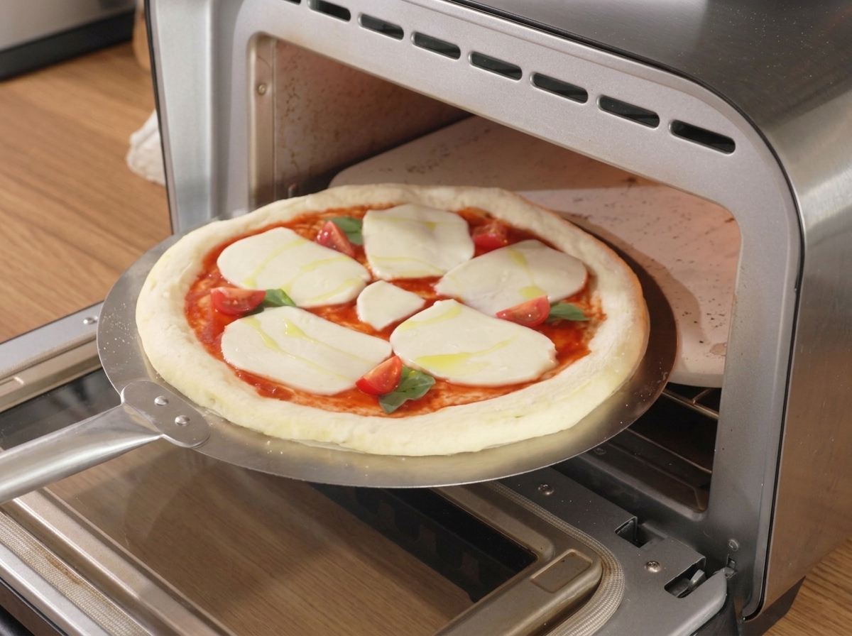Pizza enfournée dans un four à 400°C.