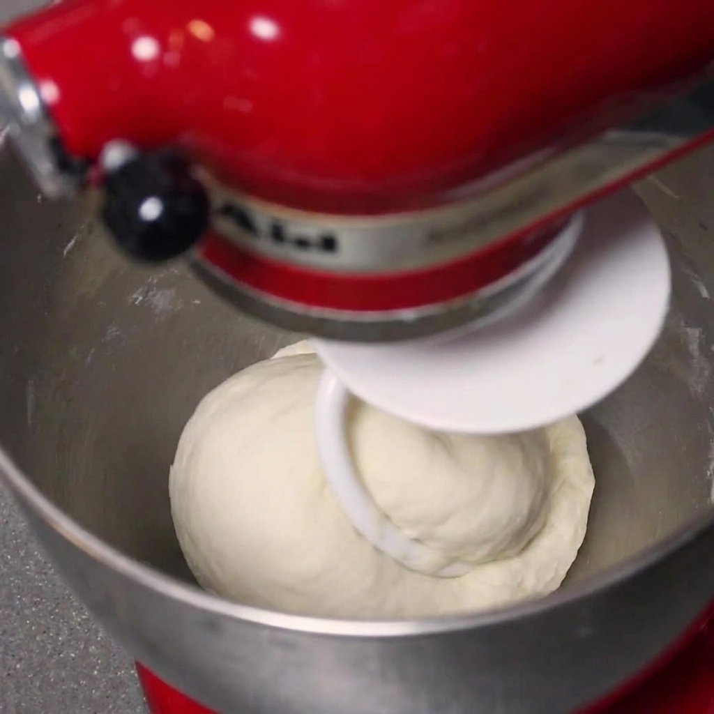 Une boule de pâte à pizza lisse pétrie par le crochet dun robot pâtissier.