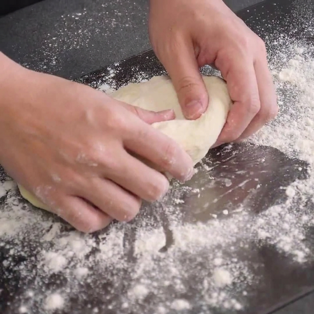 Mains façonnant une portion de pâte levée en une boule lisse et serrée sur un plan de travail fariné.