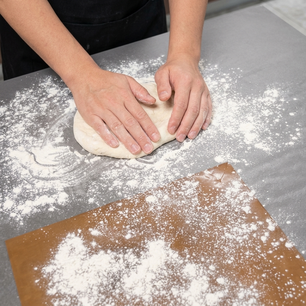 Mains étalant une boule de pâte à pizza sur un comptoir fariné pour créer une base de pizza.