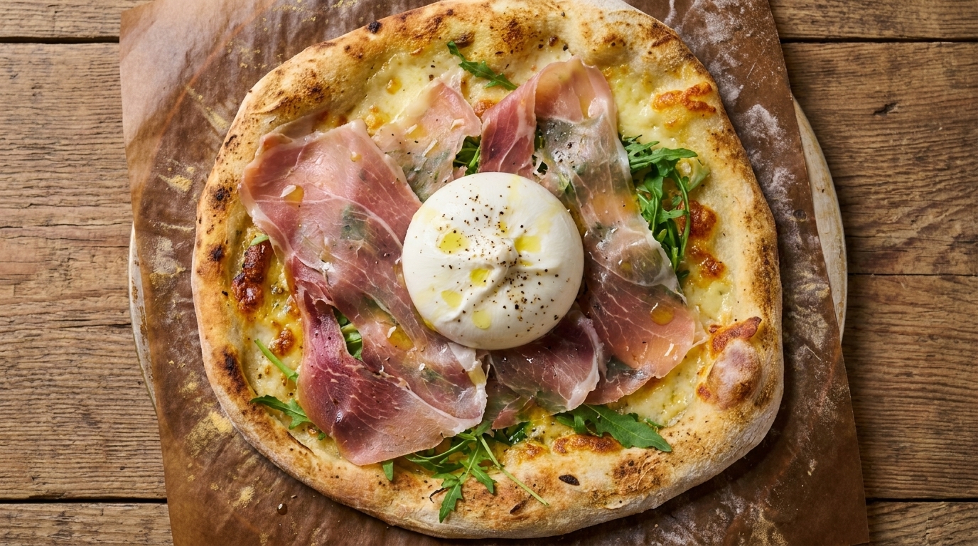 Pizza gourmande au jambon de Parme et burrata