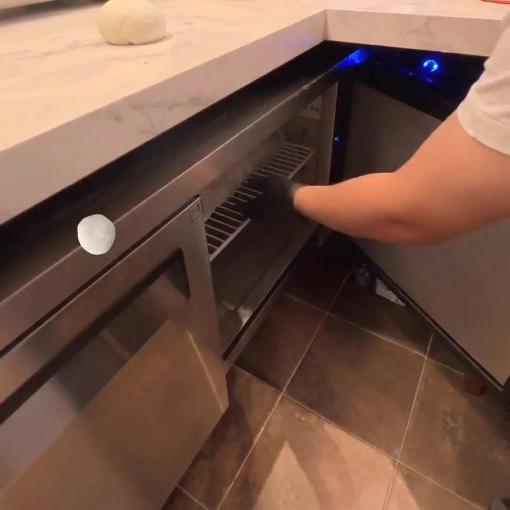 Un pâton de pâte à pizza fermentée posé sur un comptoir blanc près dun réfrigérateur.