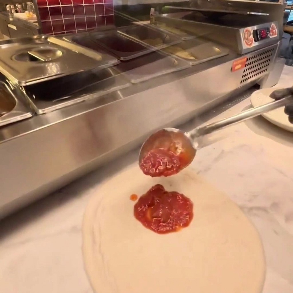 Sauce tomate étalée sur une pâte à pizza ronde à laide dune louche en inox.