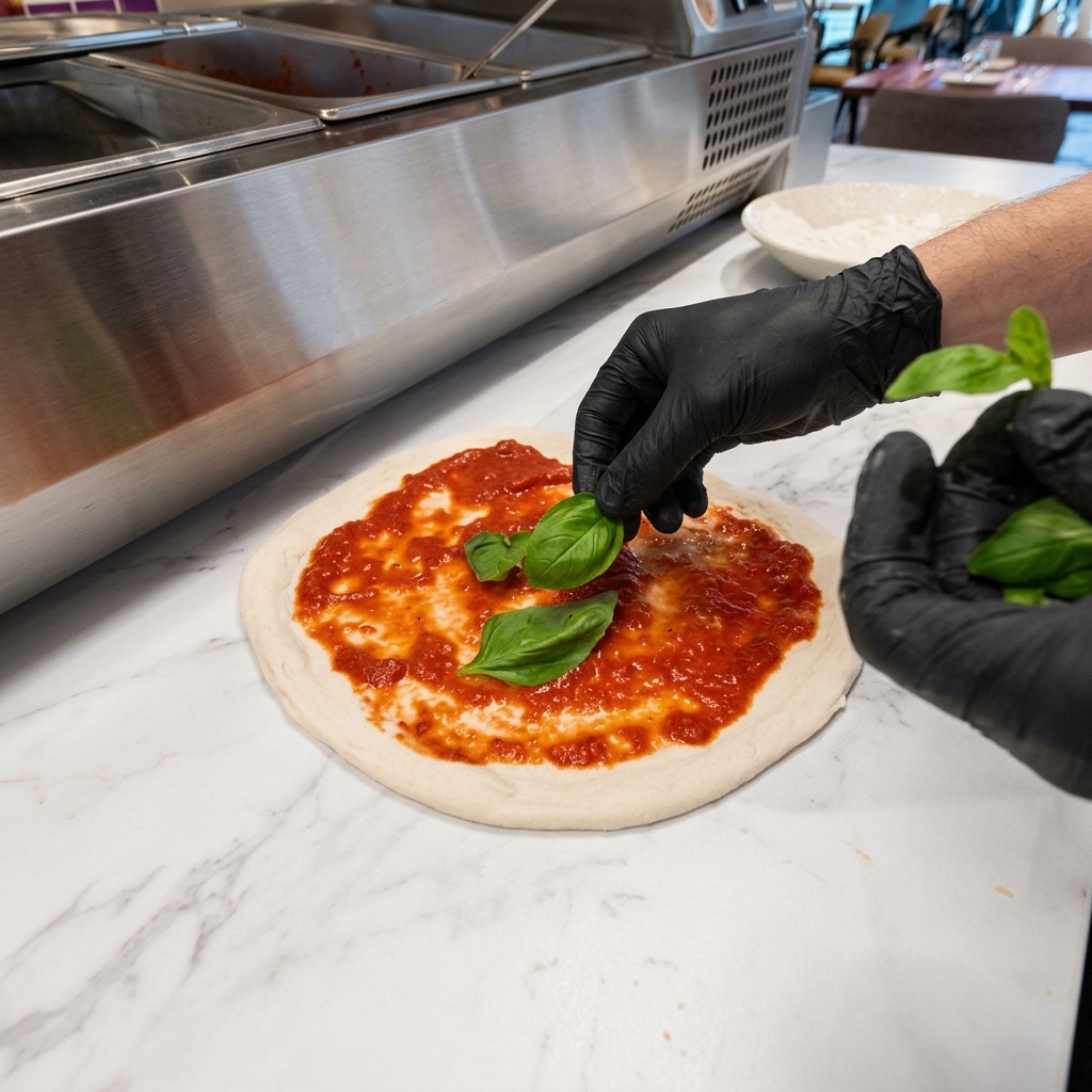 Feuilles de roquette fraîche posées sur une pâte à pizza garnie de sauce tomate.