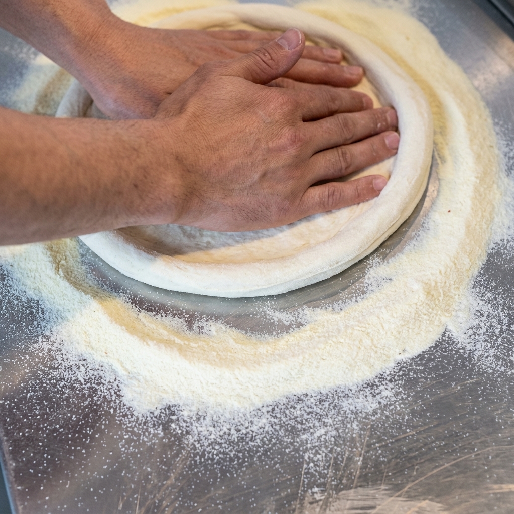 Gros plan sur des mains pressant et étirant la pâte à pizza sur un plan de travail en métal fariné.
