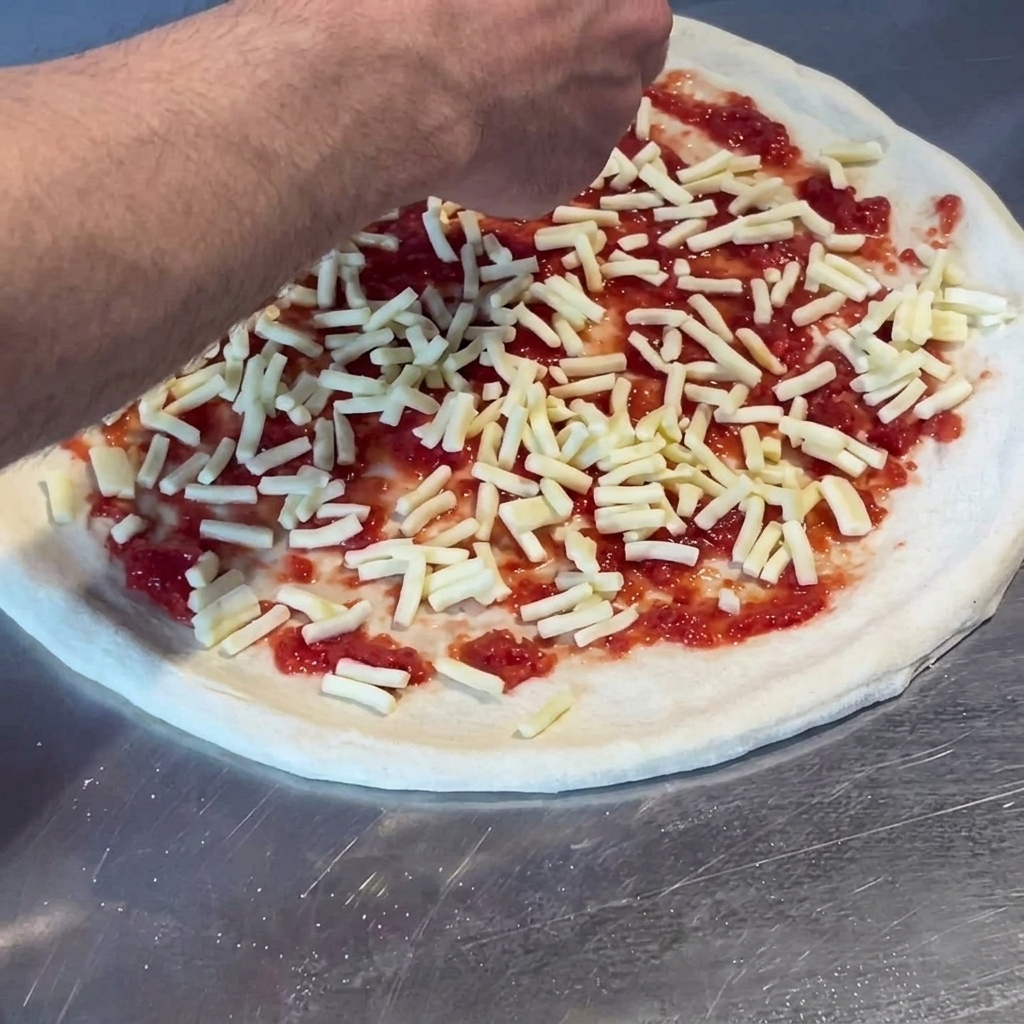 Du fromage râpé saupoudré sur la base de sauce tomate sur la pâte à pizza.