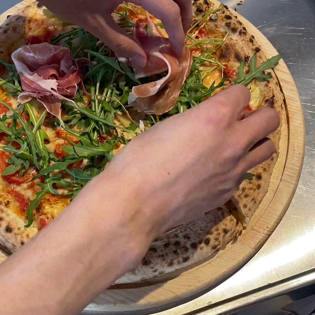 De fines tranches délicates de prosciutto déposées sur la pizza comme garniture finale.