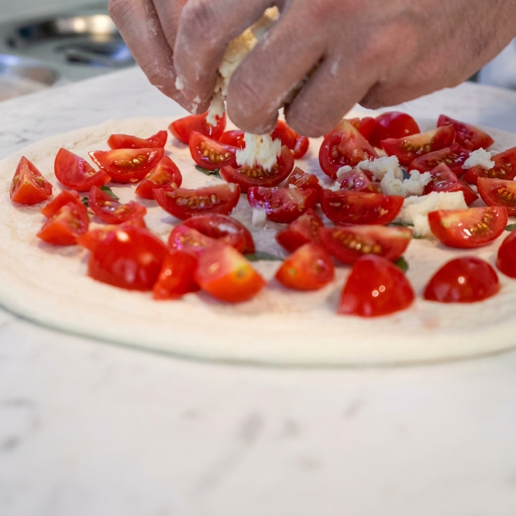 Fromage mozzarella éparpillé uniformément sur la pizza garnie de sauce tomate.