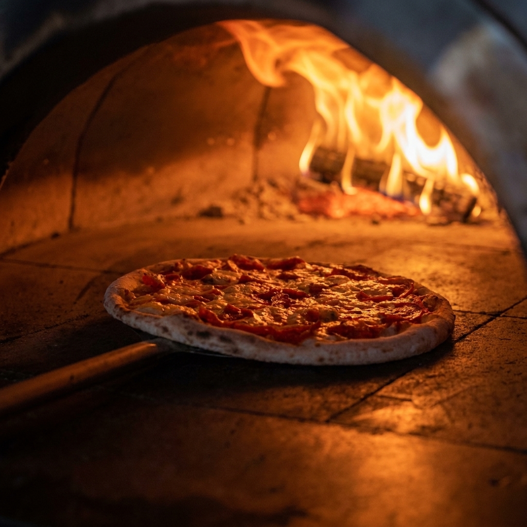 Une pizza cuisant dans un four à bois incandescent, tournée avec une longue pelle en métal.
