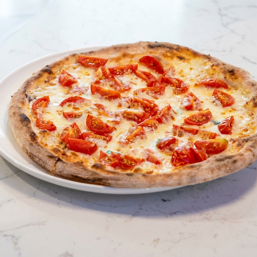 Une pizza fraîchement cuite découpée sur une surface en marbre avec une roulette à pizza en acier inoxydable.