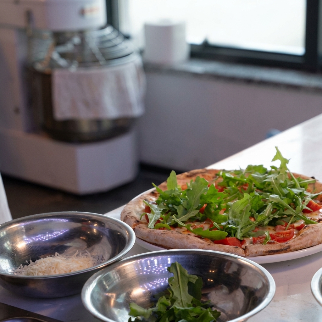 De la roquette verte fraîche déposée sur une pizza cuite et tranchée.