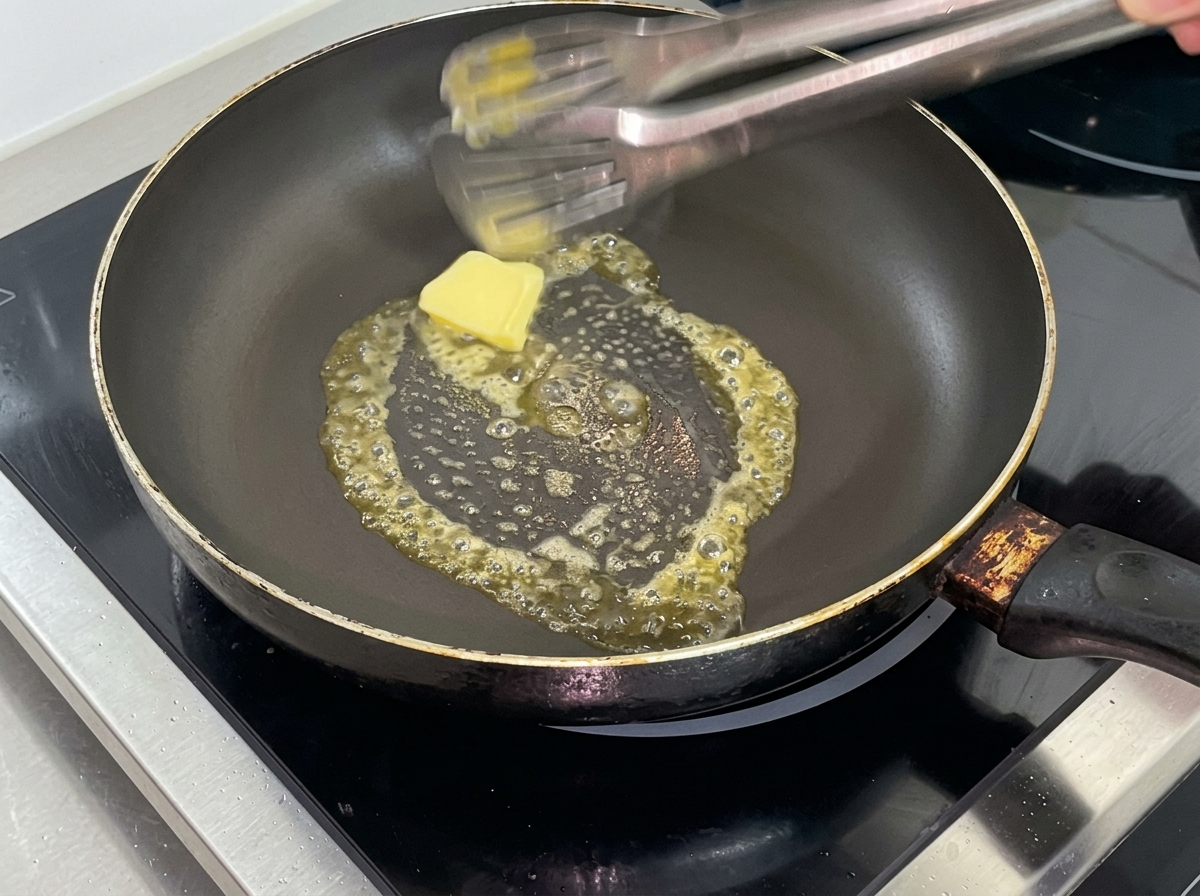 Gros plan sur un cube de beurre fondant dans une poêle antiadhésive noire préchauffée, avec des pinces visibles.