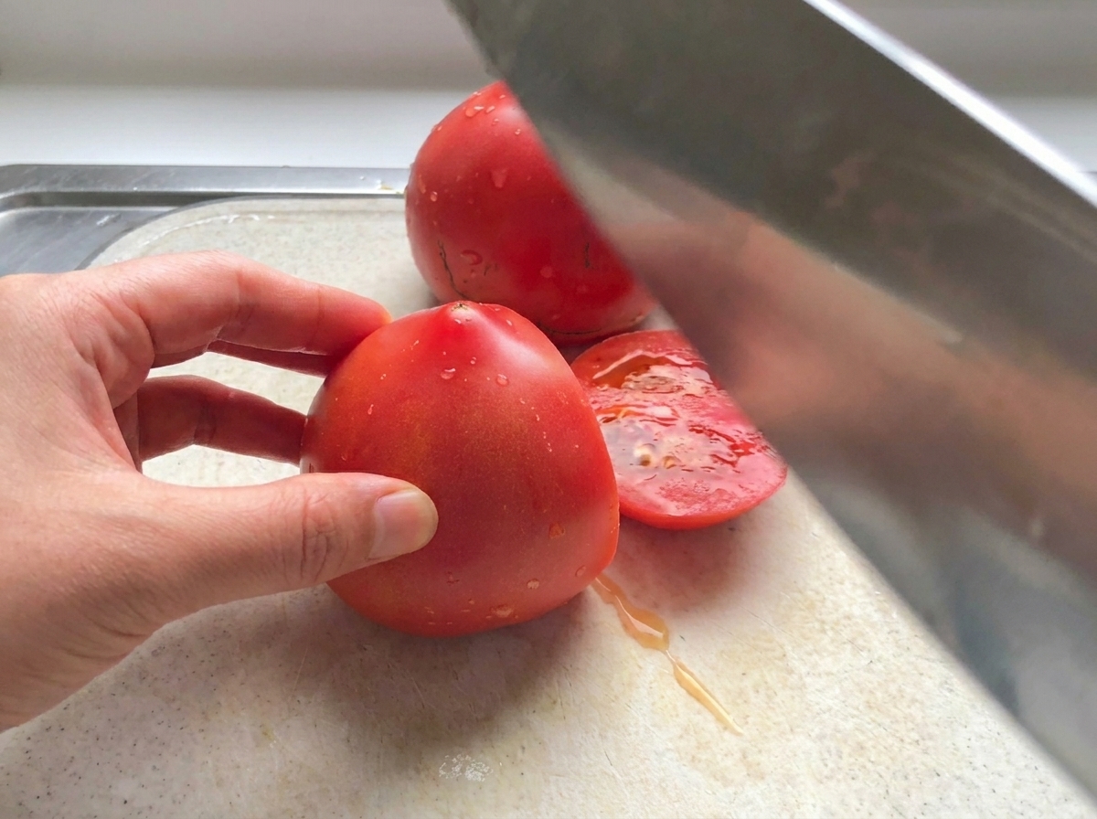 Découpe de tomates rouges fraîches en morceaux sur une planche à découper blanche avec un grand couteau.