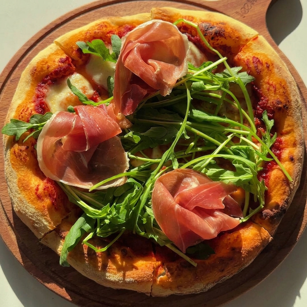 Pizza chaude sur une planche en bois, garnie de roquette fraîche et de jambon de Parme.
