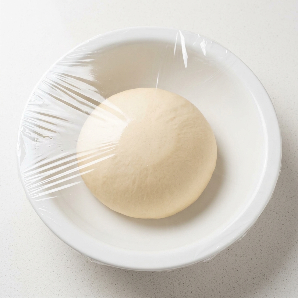 Pâte dans un bol couvert dun film plastique.
