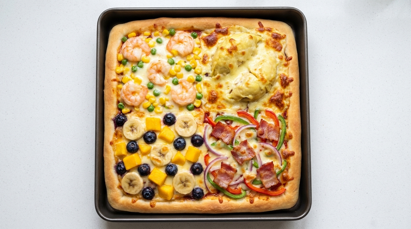 Pizza Quatre Saveurs (Crevettes, Durian, Fruits Mixtes & Bacon)