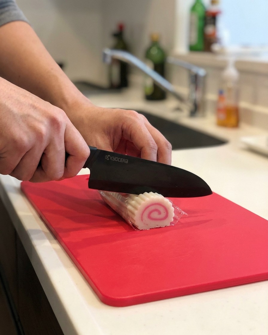 Une personne tranchant un gâteau de poisson narutomaki rose et blanc en fines rondelles sur une planche à découper rouge.