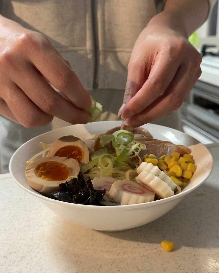 Des mains saupoudrant des oignons verts hachés sur un bol de ramen shoyu maison complet.