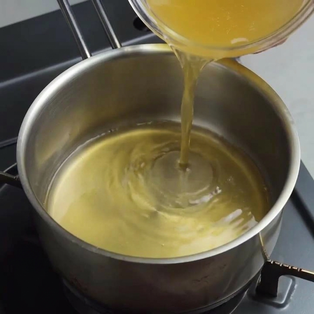 Bouillon de poulet clair versé dun bol en verre dans une casserole en acier inoxydable.