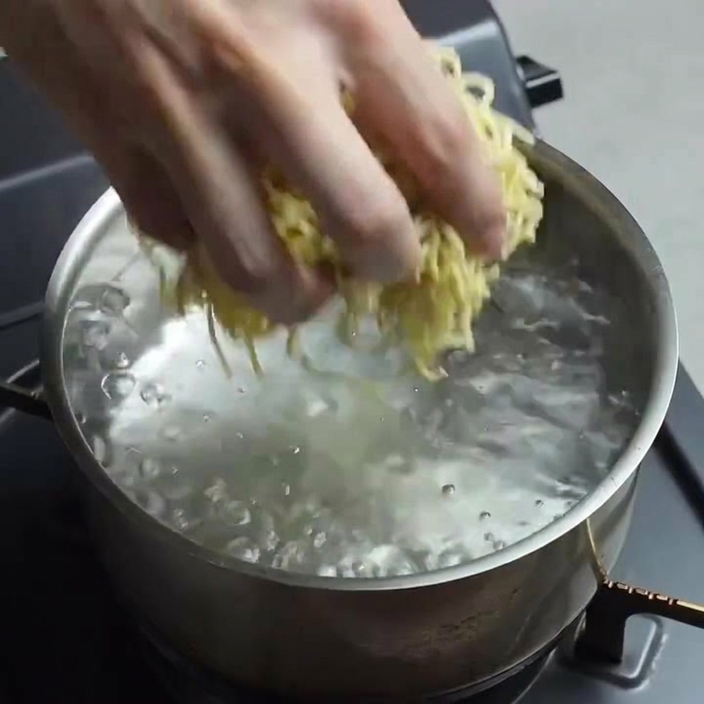 Une main déposant délicatement un bloc de nouilles ramen fraîches dans une casserole deau bouillante.