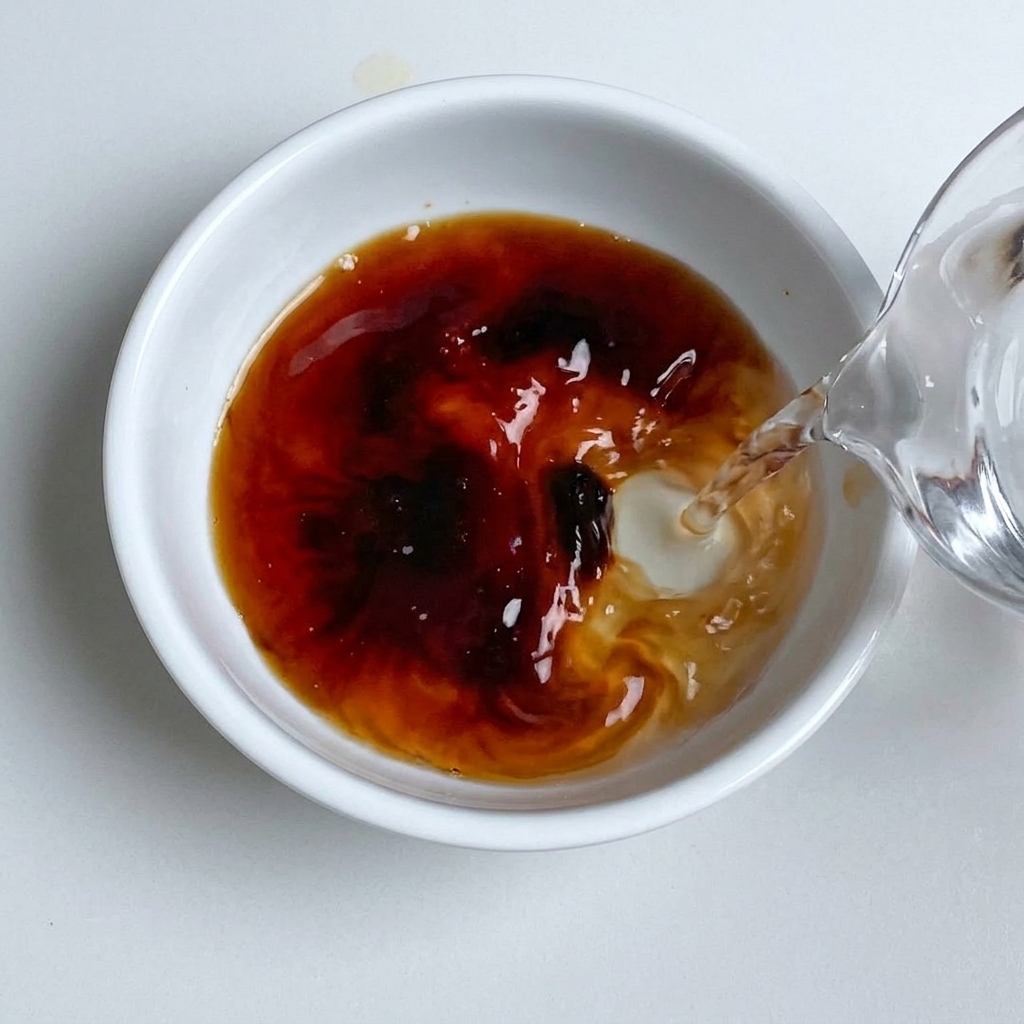 Remuer le mélange de bouillon avec des baguettes en bois dans un bol blanc.