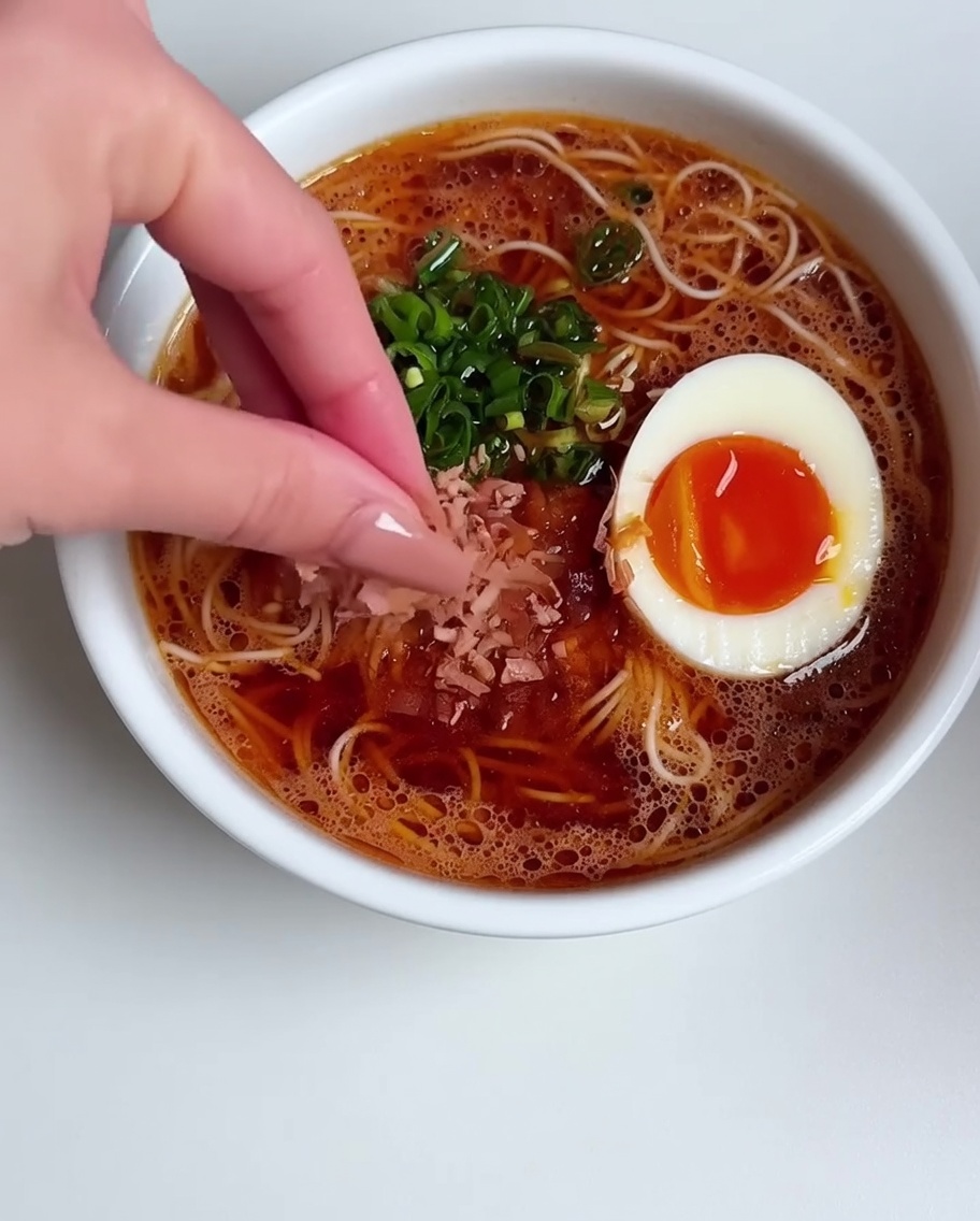 Vue de dessus du bol de ramen préparé, avec un œuf mollet et des oignons nouveaux, tandis quune main saupoudre des flocons de bonite séchés sur le dessus.