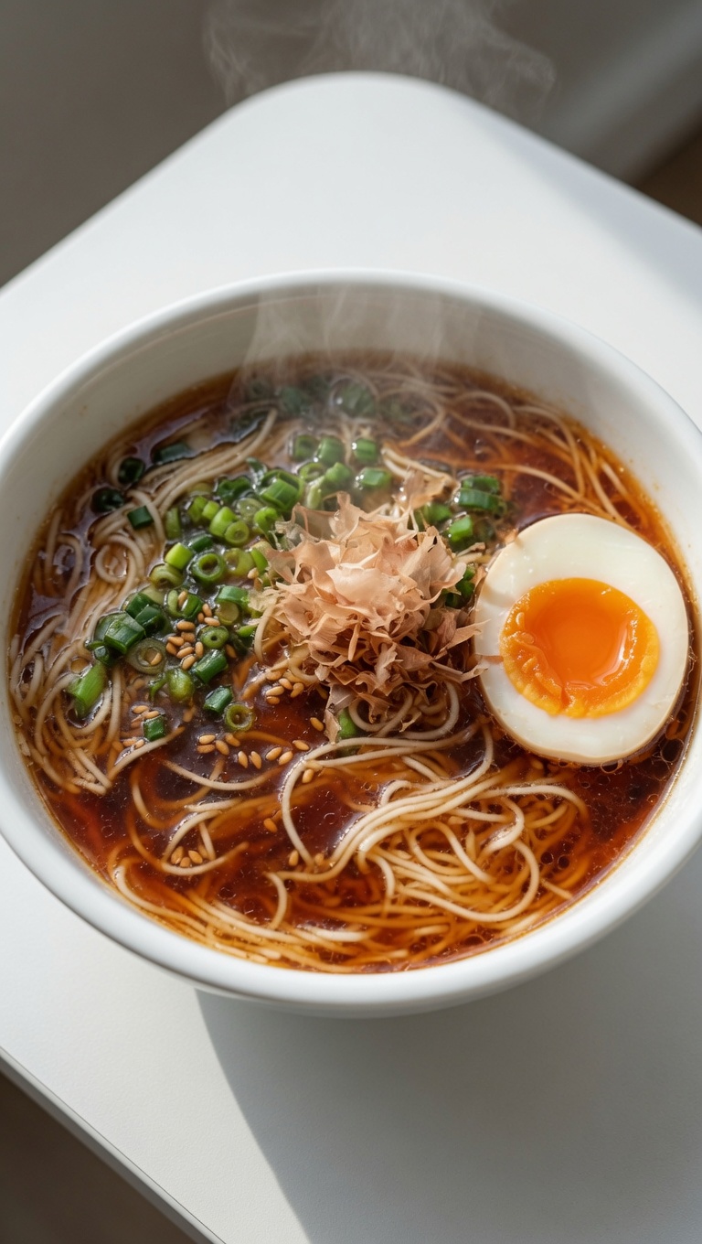 Un bol de ramen express au soja agrémenté dun œuf mollet, doignons nouveaux et de flocons de bonite.