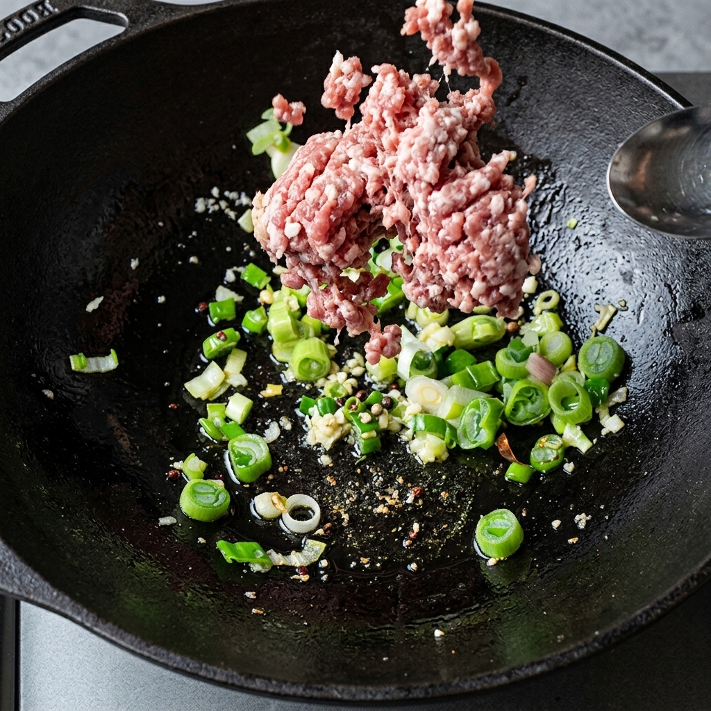 Le porc haché ajouté au wok et mélangé avec les oignons verts et lail.