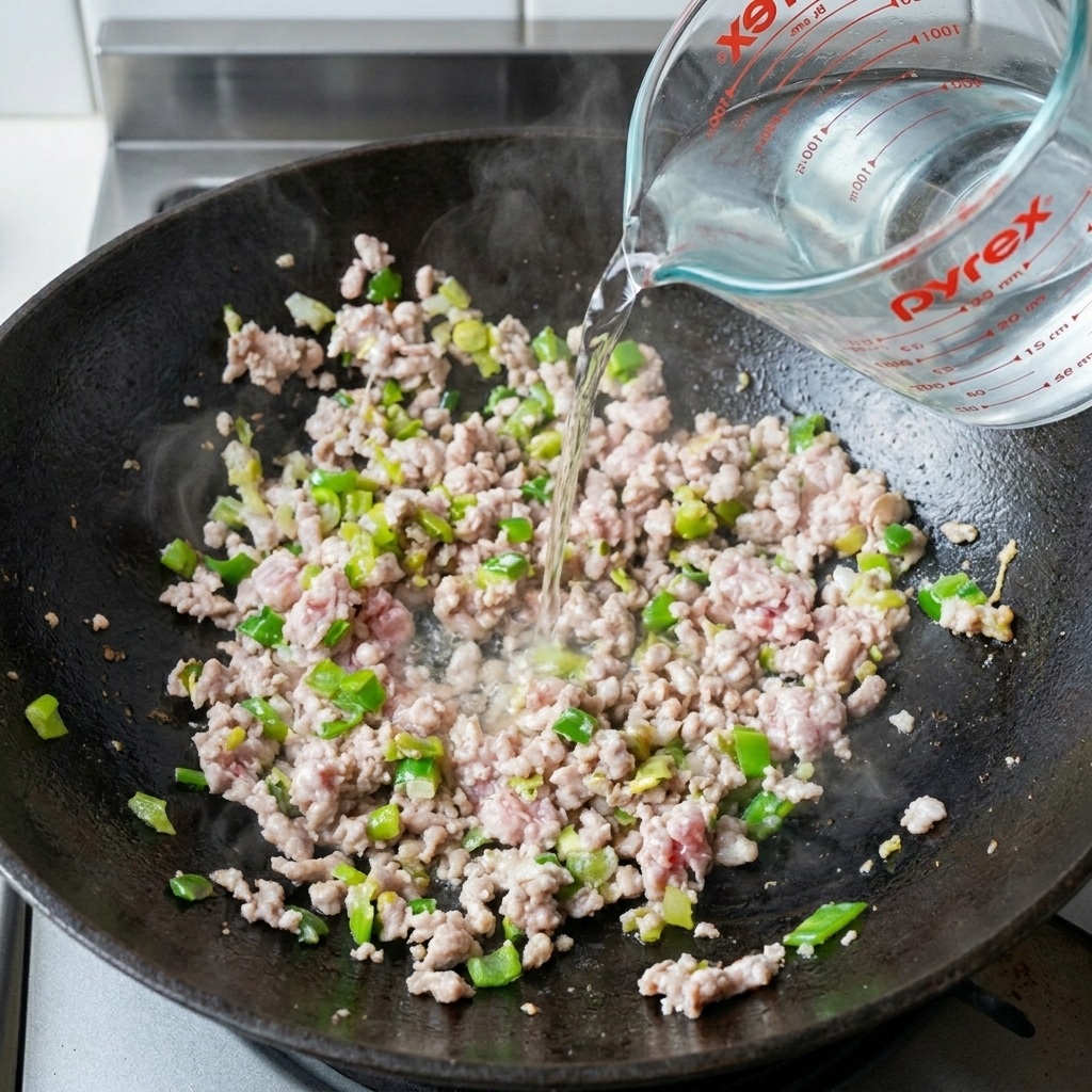 De leau versée dans le wok à partir dun verre doseur, recouvrant le mélange de porc cuit.
