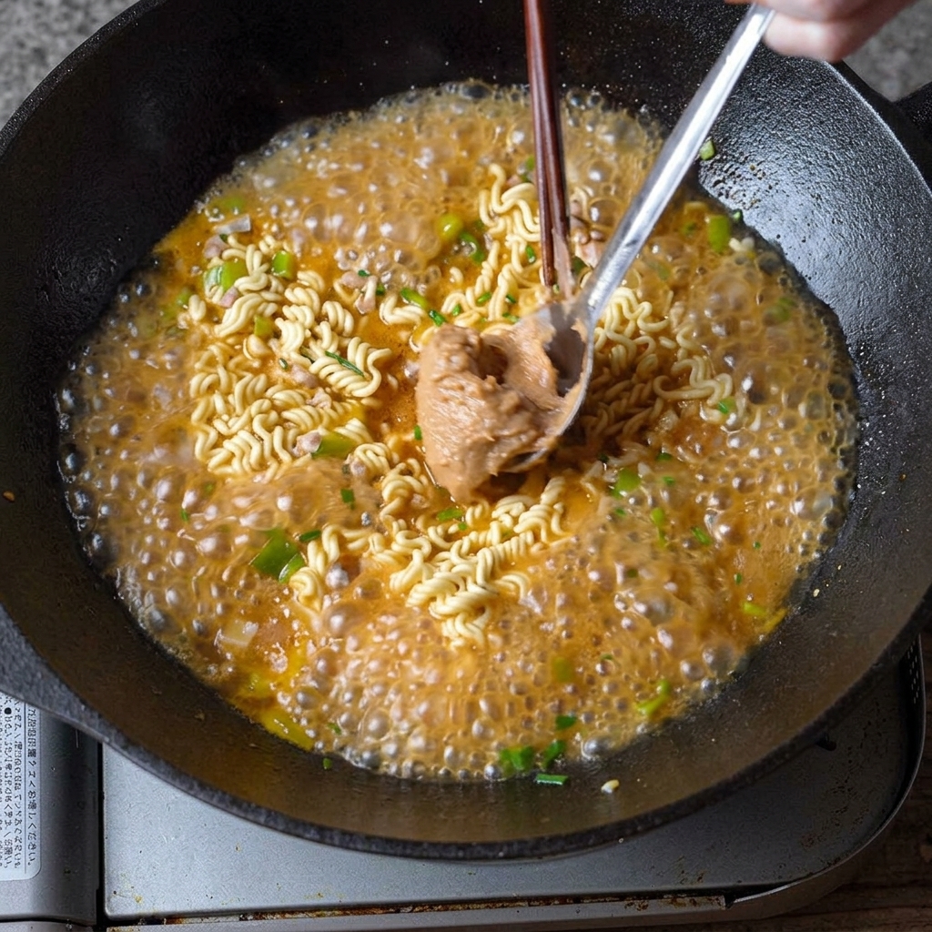Une cuillerée de beurre de cacahuète crémeux mélangée dans une casserole frémissante de nouilles ramen et de bouillon.