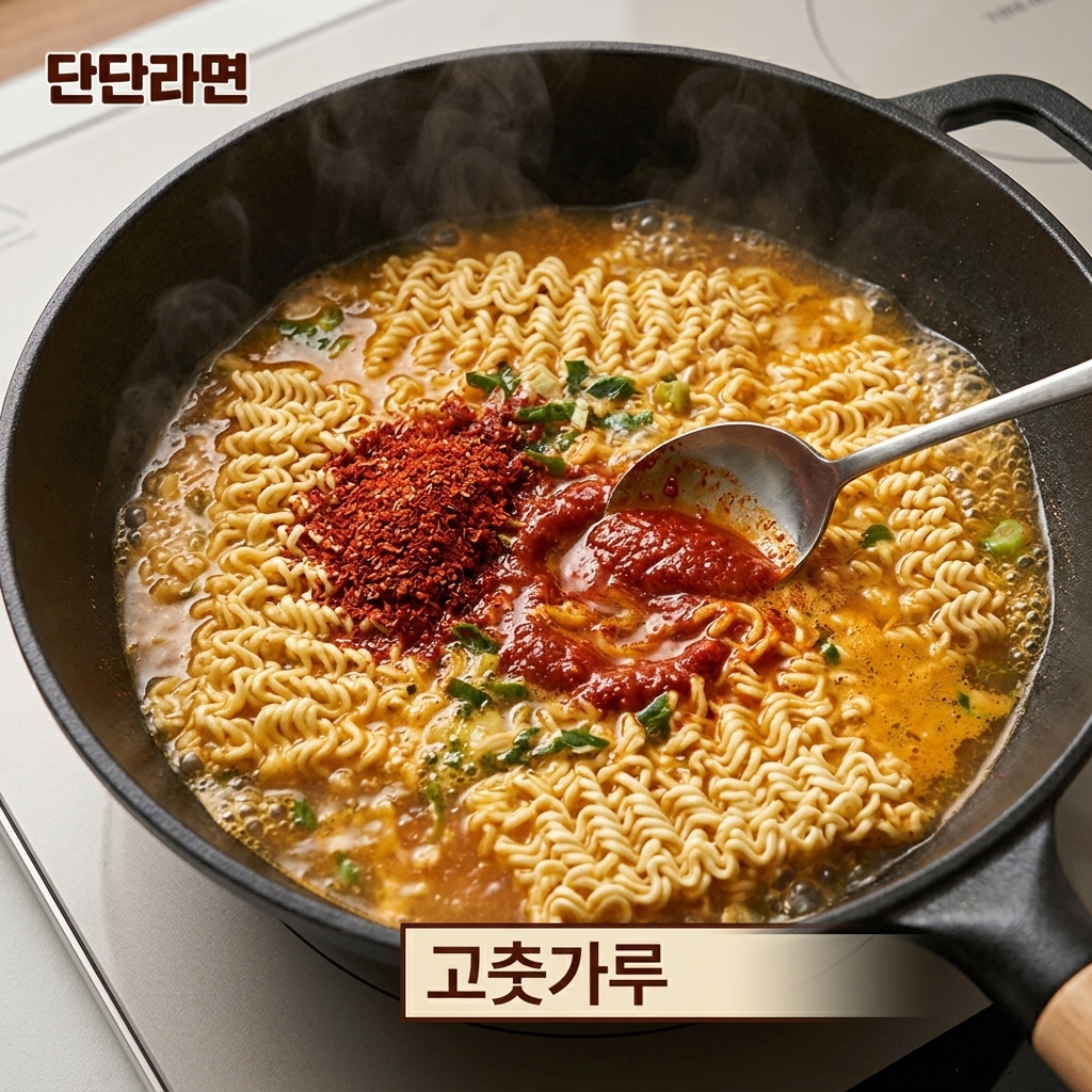 De la poudre de piment mélangée au bouillon de ramen avec le beurre de cacahuète.