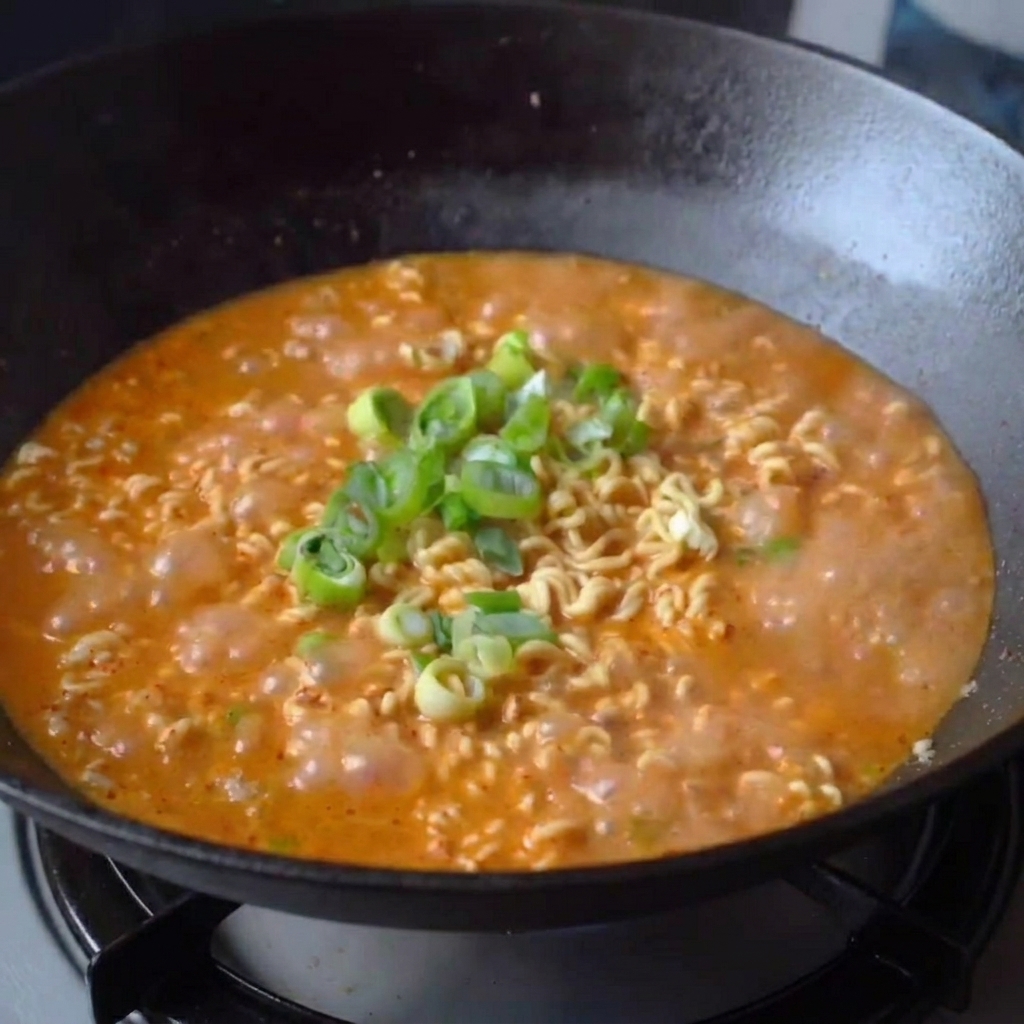 Une casserole de ramen Dan Dan terminée, garnie dune généreuse poignée doignons verts fraîchement ciselés.