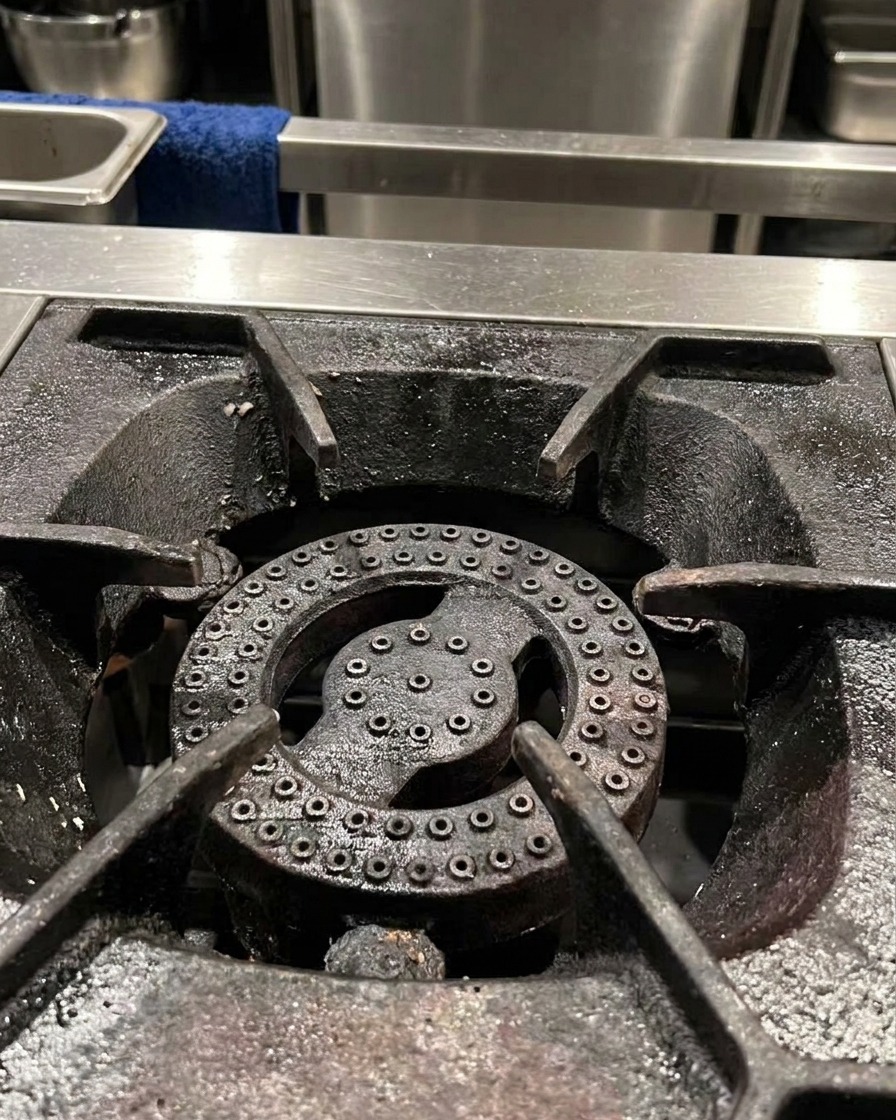 Gros plan dune casserole en métal placée sur un brûleur allumé de cuisinière à gaz.