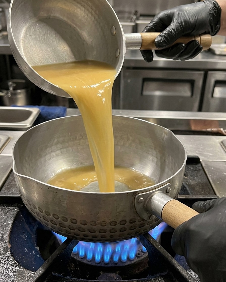 Bouillon tonkotsu versé dans une casserole, suivi dune cuillerée de pâte de sésame crémeuse.