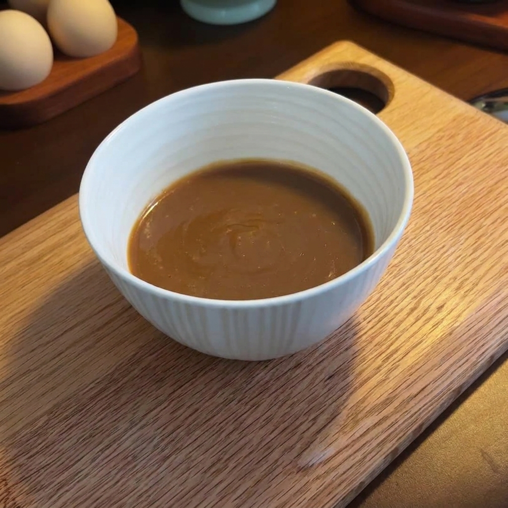 Mélange lisse et crémeux de pâte de sésame, beurre de cacahuète et miso dans un bol blanc.