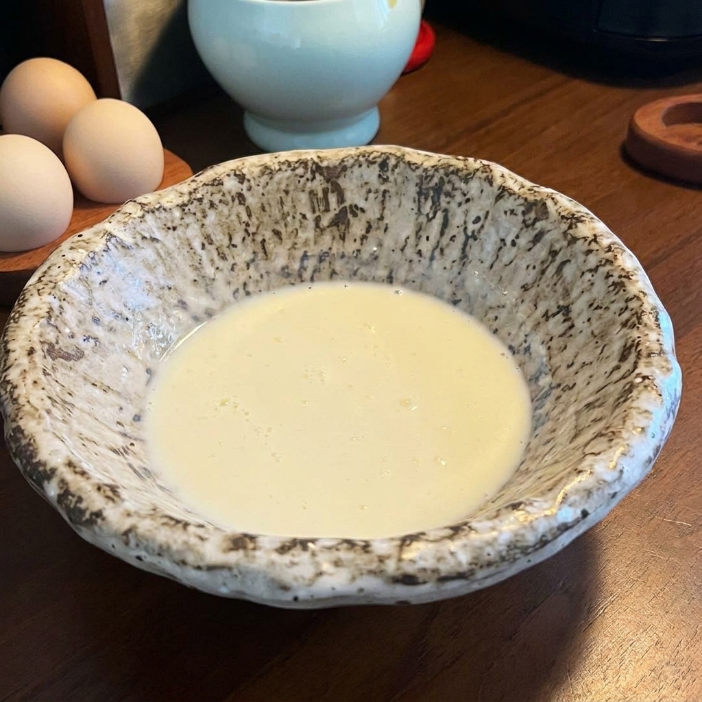 Bol de service moucheté rempli dun bouillon crémeux, blanc laiteux, composé de lait de soja et de pâte miso dissoute.