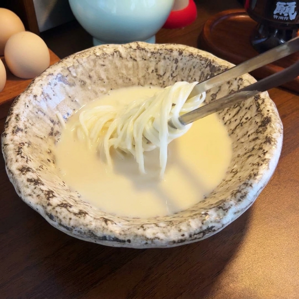 Nouilles ramen cuites plongées dans le bouillon crémeux au lait de soja et miso avec des baguettes.