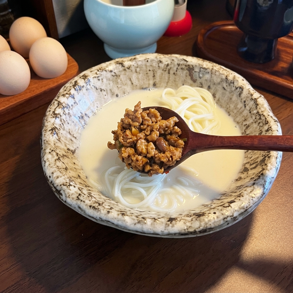 Cuillère en bois contenant du porc haché sauté savoureux, surplombant le bol de nouilles et bouillon laiteux.