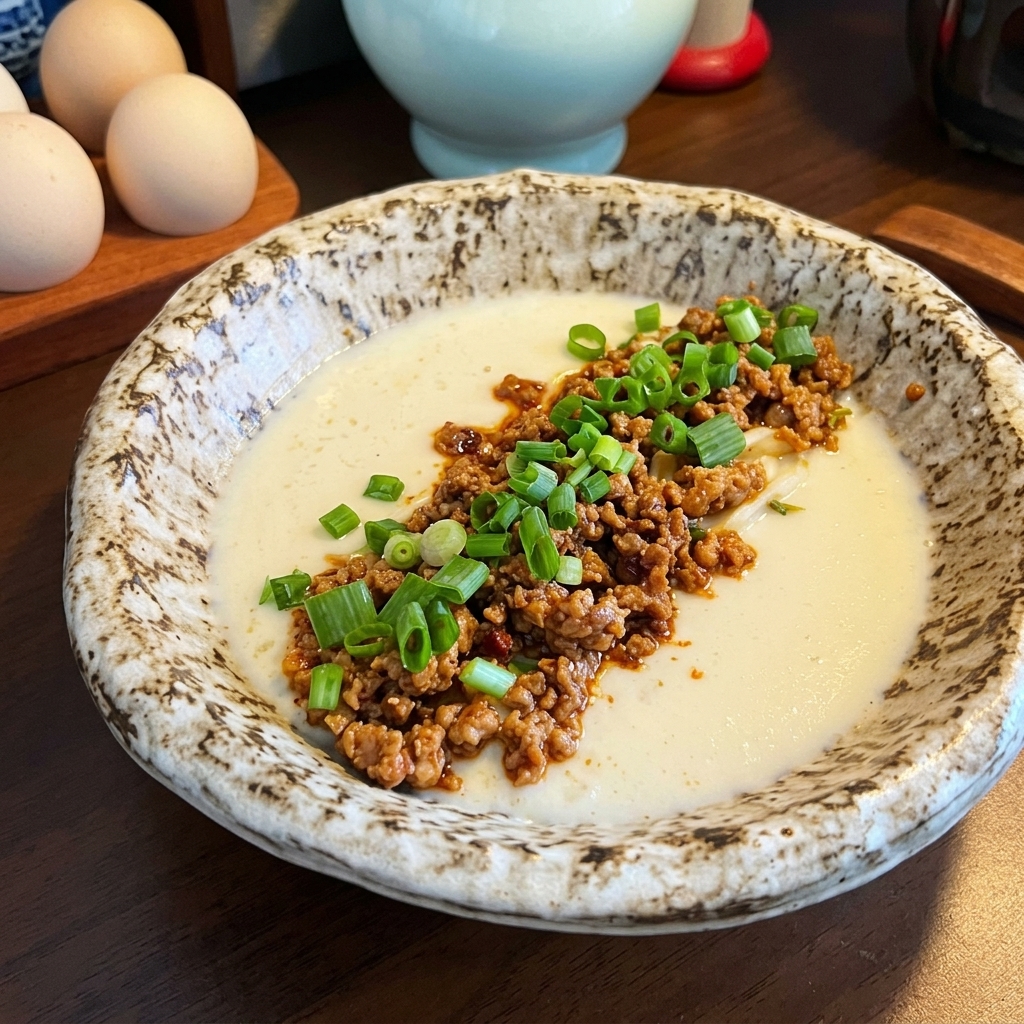 Bol de ramen crémeux surmonté dun monticule de porc haché, doignons verts frais et dun filet dhuile pimentée rouge.